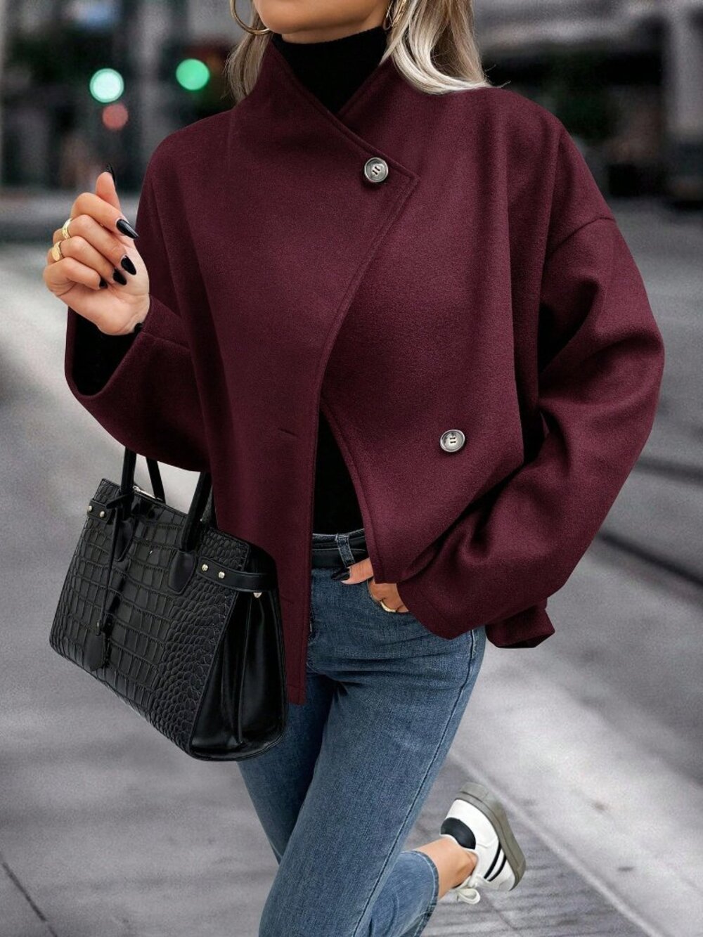Burgundy Casual Women's Stand Collar Overcoat